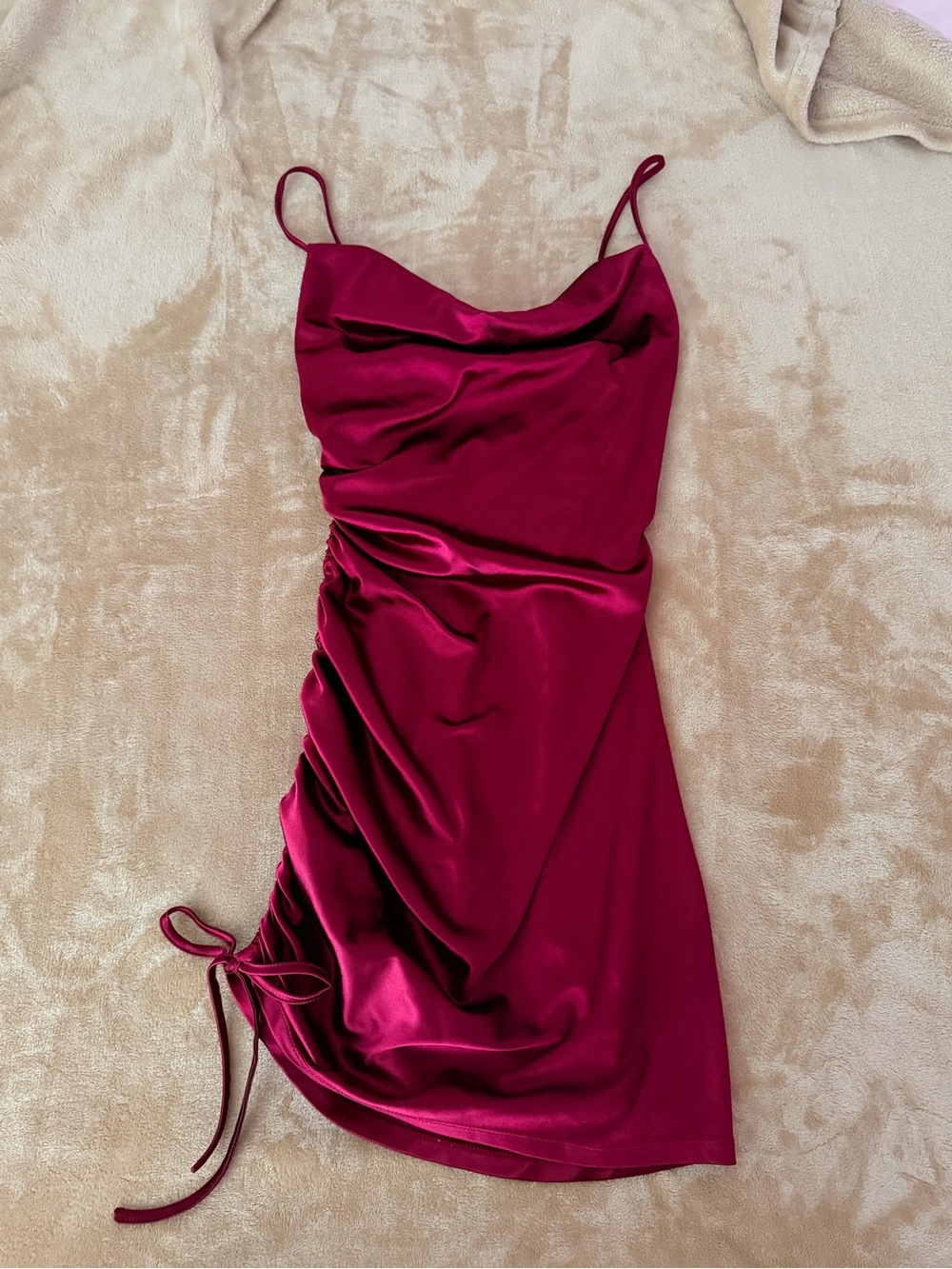 Windsor Satin Cowl Neck Ruched Mini Dress in Wine.